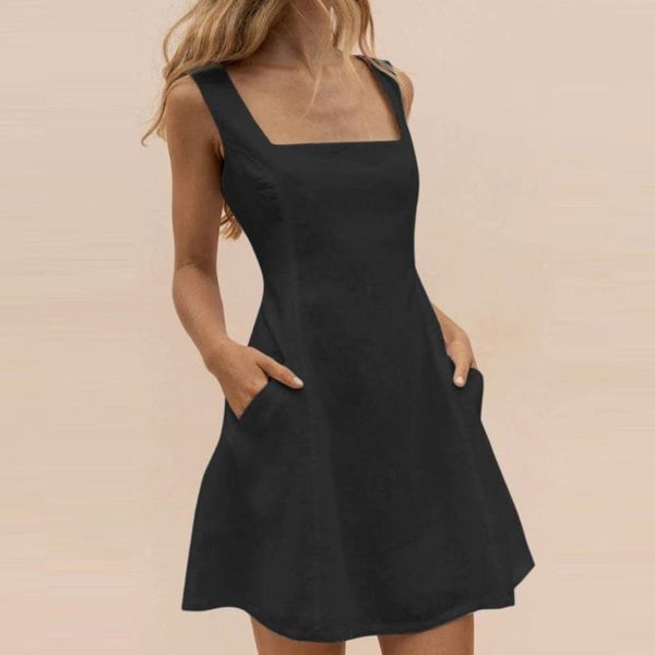 

casual dresses vestido de mujer 2021 fashion dress women loose solid color square collar pockets a-line jurkjes zomer, Black;gray