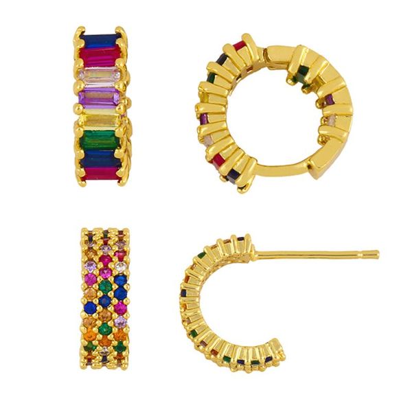 

hoop & huggie trendy rainbow baguette small earrings for all ear micro pave zirconia earring on cartilage friendship jewelry gifts, Golden;silver