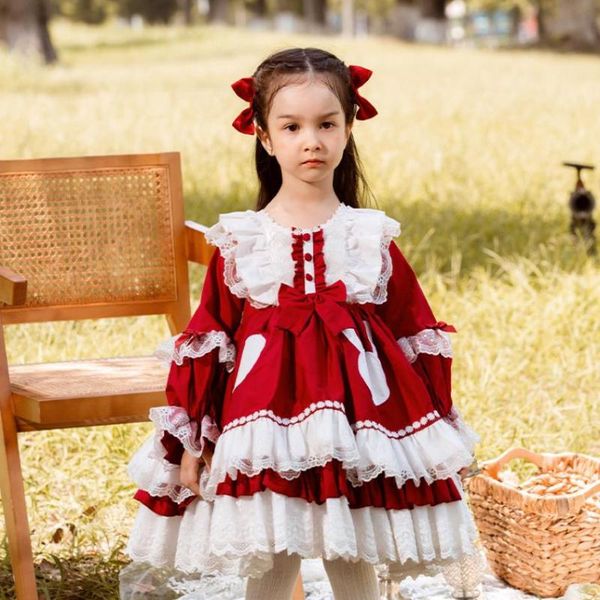 

girl's dresses autumn winter spanish vintage princess ball gown bow lace stitching birthday party easter lolita for girls l1287, Red;yellow