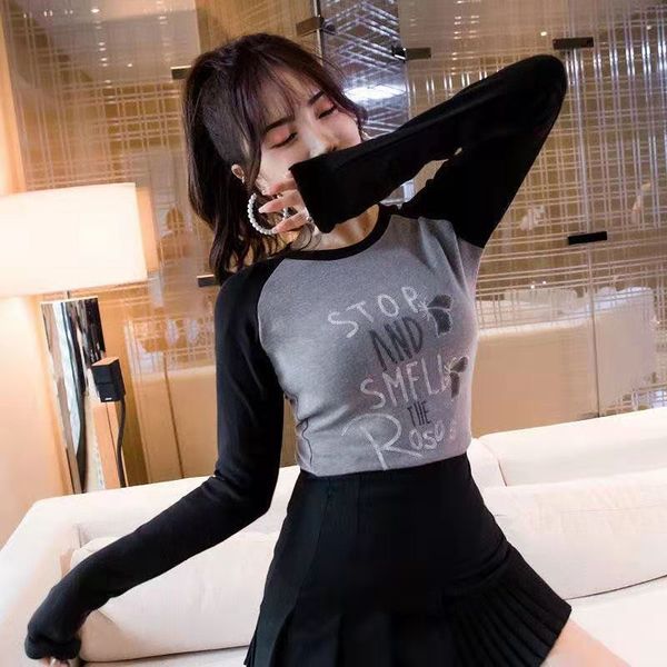 

spring womens t-shirt korean style oversize skinny fashion letter print contrast color cotton fabric base shirt versatile, White