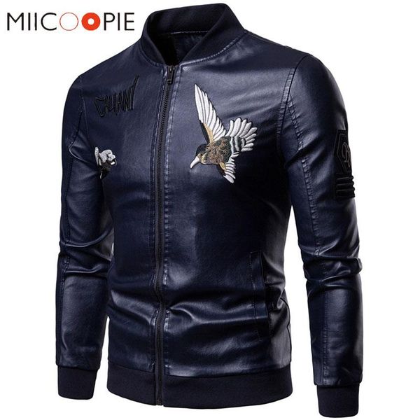 

men's fur & faux bird embroidery blue leather jacket men casual solid mens coat autumn motorcycle biker outerwear, Black