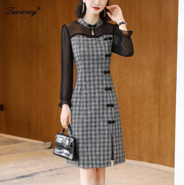

casual dresses plaid cheongsam women vintage straight dress office ladies long sleeve elegant 2021 autumn knee length, Black;gray