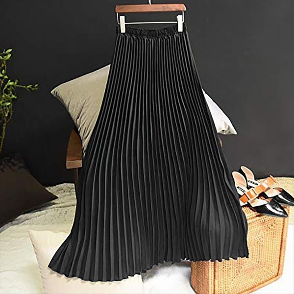 

korean fashion black elegant womens skirt midi elastic waist pleated jupe longue femme