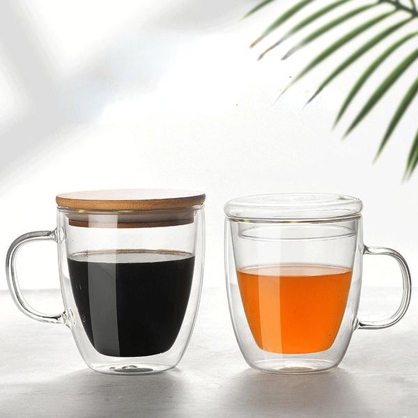 Tazze Tazza da caffè in vetro a doppio strato di moda moderna di grande capacità con manico e coperchio antiscottatura per la casa