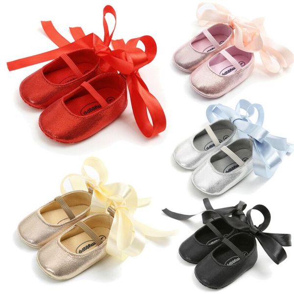 

first walkers 2021 baby 0-18m born infant girl solid pu shoes anti-slip soft sole crib ribbon sneakers prewalker
