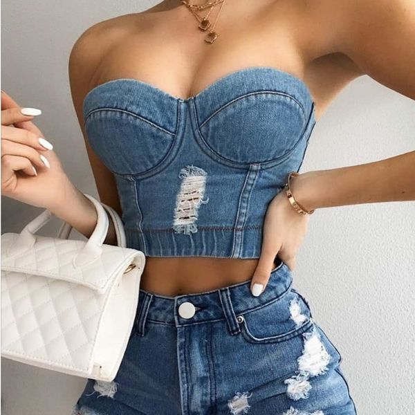 

2021 new trend summer casual blue tide shreds sleevelrss thin sling hole denim female 4fg1, White