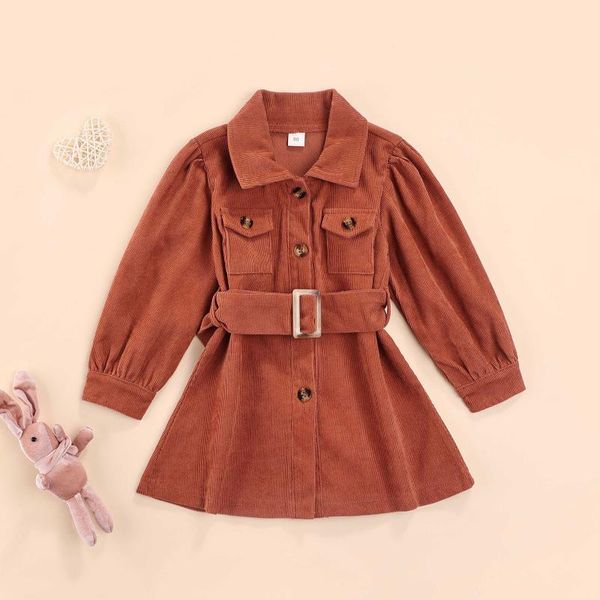 

girl's dresses 2-6years girls casual dress with waistband, brown solid color long sleeve collared short 1-6 years, Red;yellow