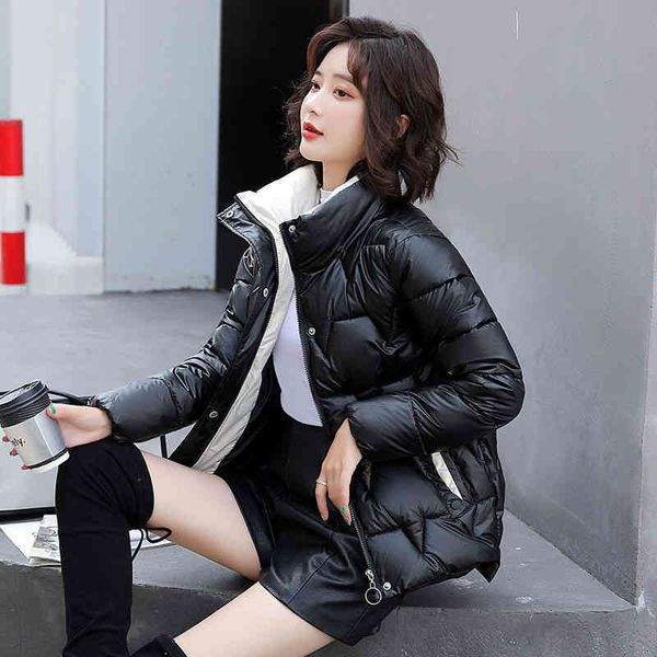 

women's parkas down ladies jacket cotton padded female 2021 bright leather wash autumn and winter short korean fashion stand collar, Black