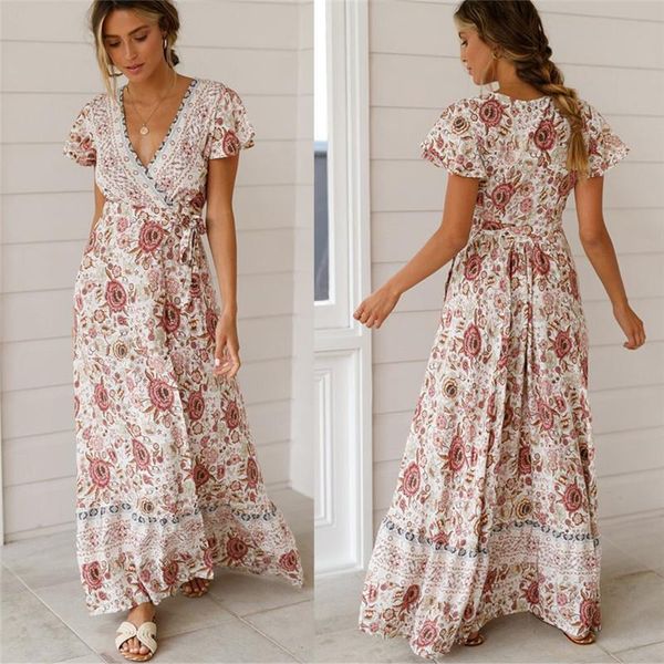 

holiday long dress women's boho dresses lady boho floral v-neck long maxi dress summer beachwear sundress, Black;red