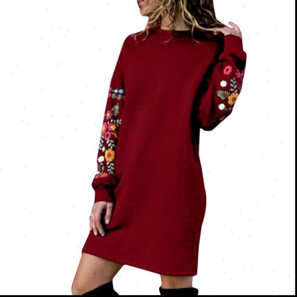 

2021 autumnwomen fashion mini dress large size elegant printing long sleeve o neck loose warm dress 4 colors, Black;gray