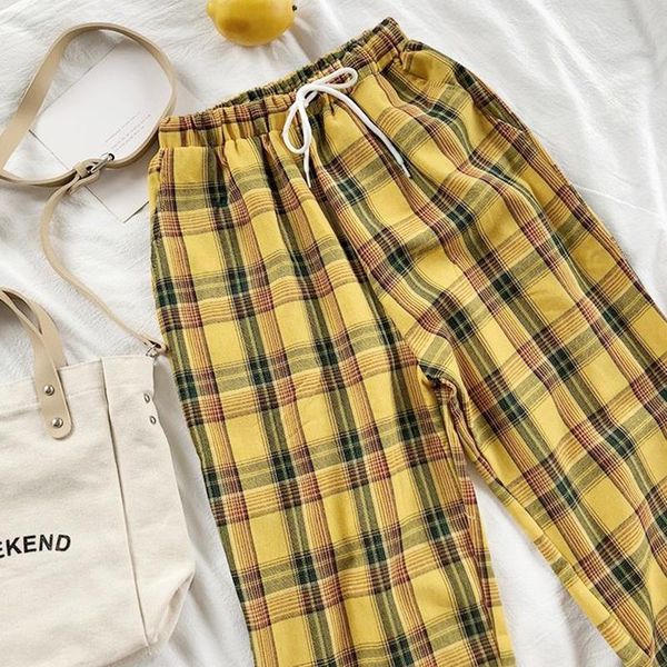 

women's pants & capris summer japanese style women yellow high waist tie stripe plaid cotton harajuku loose wide leg, Black;white