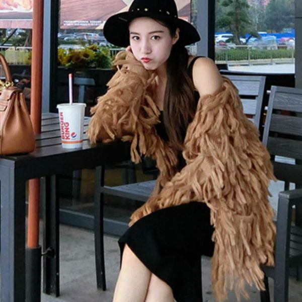 

women's sweaters woman fringed shawl coat loose slim v-neck sweater tassels knitted cardigan long hair pockets jacket outwear 2021, White;black
