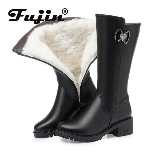 

boots fujin wool snow women fur warm shoes flat bottom plush high platform for genuine leather winter, Black