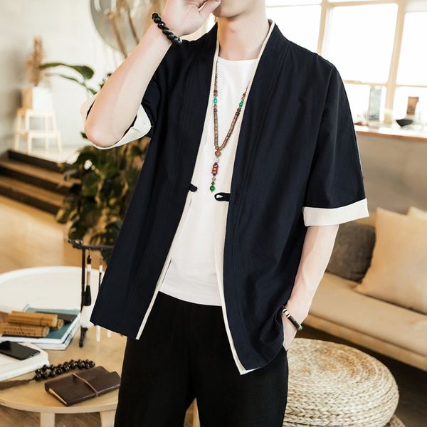 

new 2021 summer men patchwork shirt streetwear short sleeve harajuku vintage kimono shirts black fashion open stitch wcnl, White;black