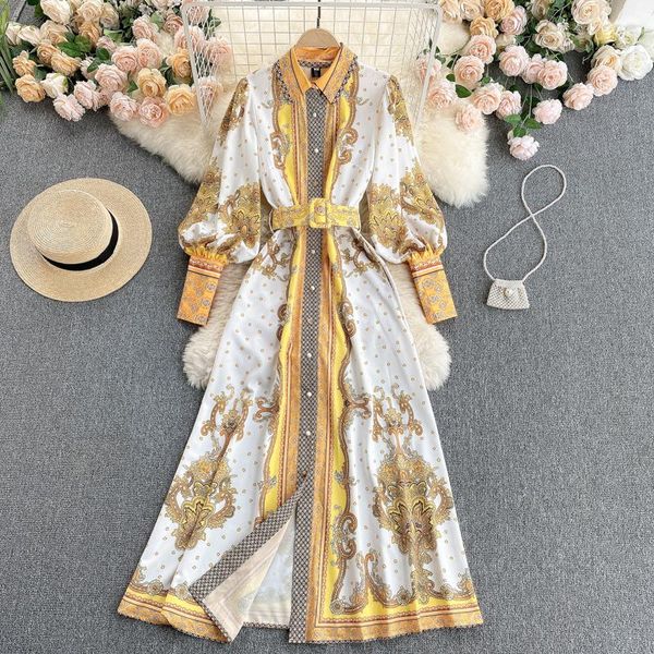 

casual dresses runway fashion clothing maxi for women party elegant vintage paisley print long sleeve shirt dress with belt, Black;gray
