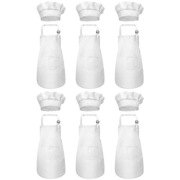 

12-piece apron and chef hat set, adjustable children's apron with pockets (white, suitable for 2-6 year old s)