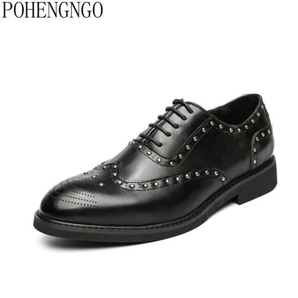 

dress shoes men spring summer bullock male design pointed toe brogue moccasin rivet business classic wedding, Black