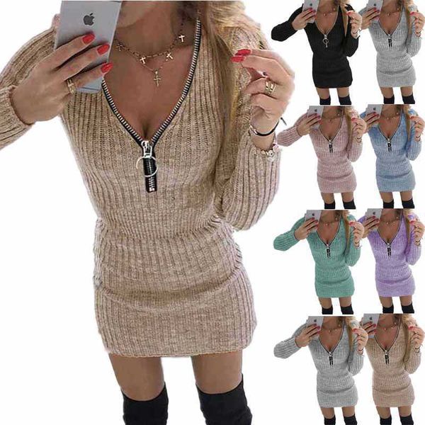 

2021 autumn winter women's zipper waist closing long sleeve knitted hip wrap dress, White;black