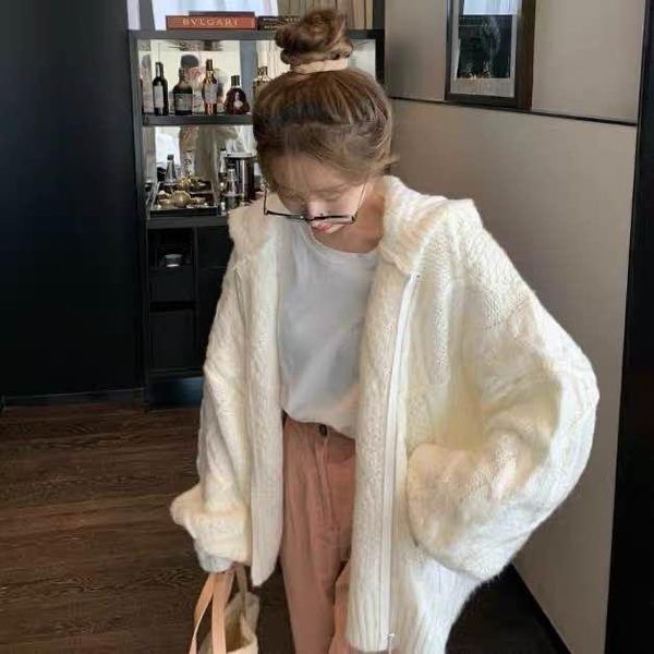 

women's knits & tees cmaz heavy industry cable loose-fitting hooded cardigan sweater coat for women, White