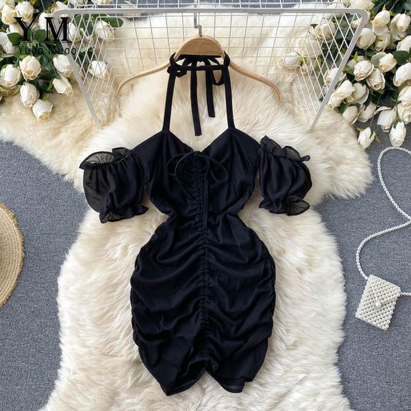 

casual dresses yuoomuoo ins package hips bodycon dress women fashion white black night club halter off shoulder ruched mini, Black;gray
