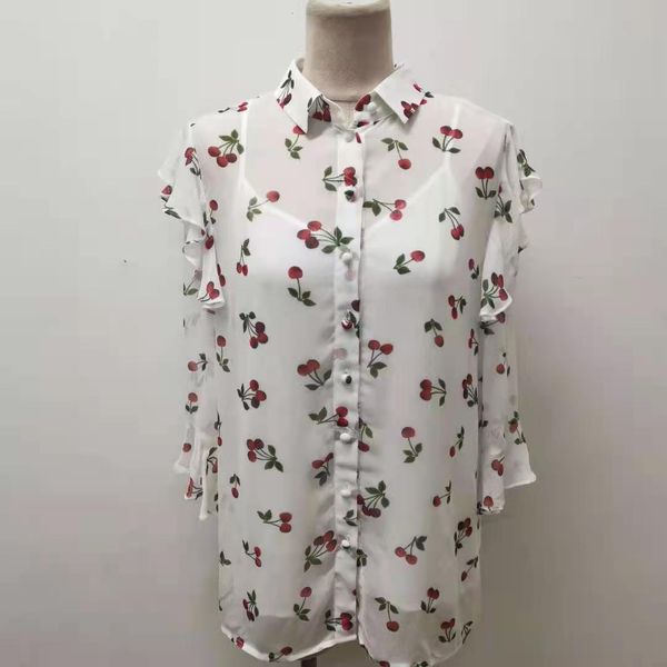 

2021 spring and summer new fashion casual cherry print ruffled women shirt xbv6, White