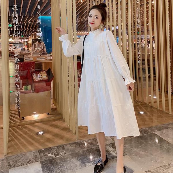

long lantern sleeve pregnant women loose cotton dress plus size stand collar maternity long loose a-line dress black white