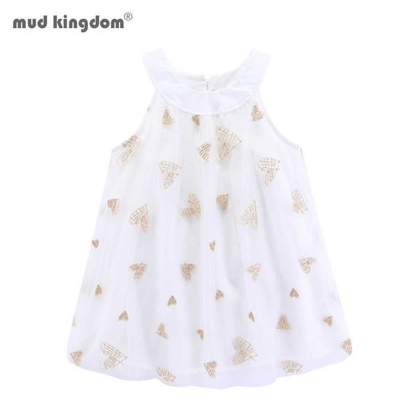 Mudkingdom Kızlar Elbiseler Kolsuz Net İplik Sevimli Kalp Kuğu Baskı Prenses Elbise 210615