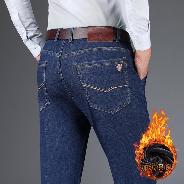 

men's jeans warm winter business fashion fit fleece thicken trousers male brand pants black blue