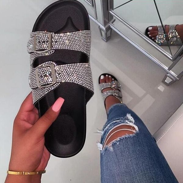 

double-layer 2019 new strass beach slippers summer sandals crystal shoes women students outdoor, Black