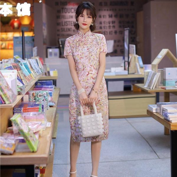 

ethnic clothing elegant summer lady print flowers chinese dresses vintage mandarin collar cheongsam slit straight dress mid-length novelty q, Red