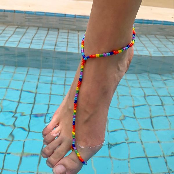 

anklets ingemark bohemian simple rainbow color seed beaded chain ankle bracelet leg sweet women sandals accessories for jewelry, Red;blue