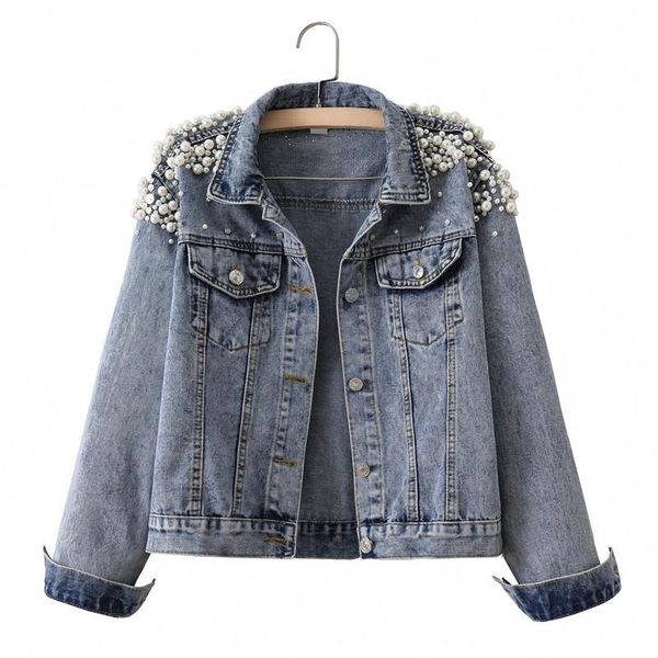 

women's jackets 2021 fashion heavy work beading short denim womens big size loose casual outerwear female long sleeve jeans jacket coat, Black;brown
