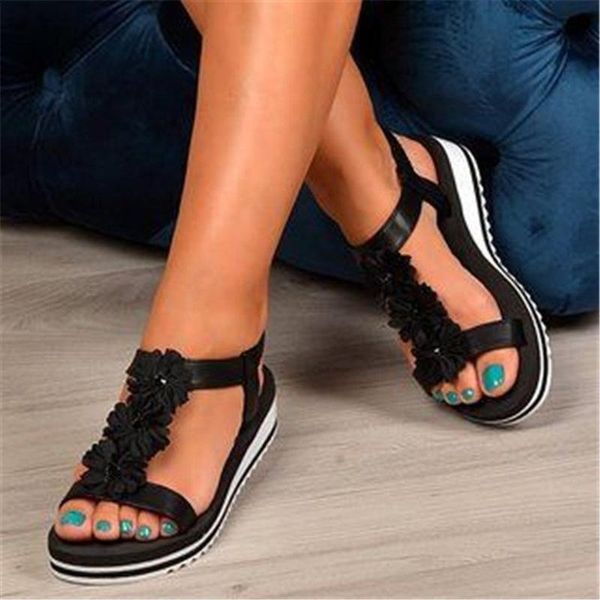 

women sandals flower t-tied slip on casual ladies shoes summer elastic band ankle strap platform female flat comfort 2021, Black