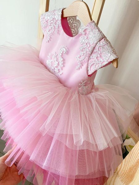 

girl's dresses 2021 ball gown infant girls tiered tulle applique lace princess birthday dress pageant cap sleeve, Red;yellow
