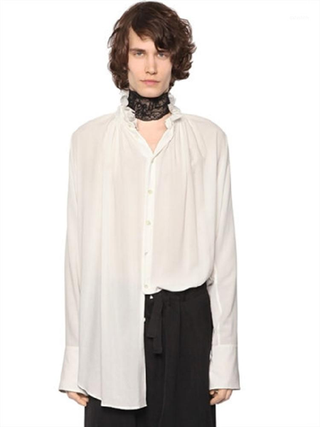

men's casual shirts spring and summer thin solid color long sleeve shirt lace high collar hem asymmetrical garment line slit design, White;black