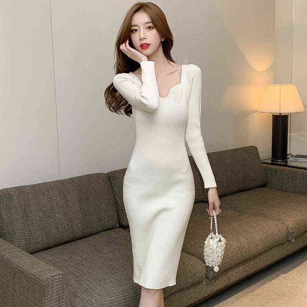 

luxury dress 2022 fairy v-neck pullover slim solid sweater knit long sleeve dresses, Black;gray
