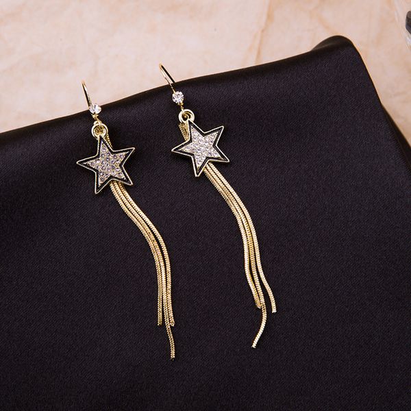 

925 silver needle korean pentagram long tassel temperament flash diamond versatile thin face earrings