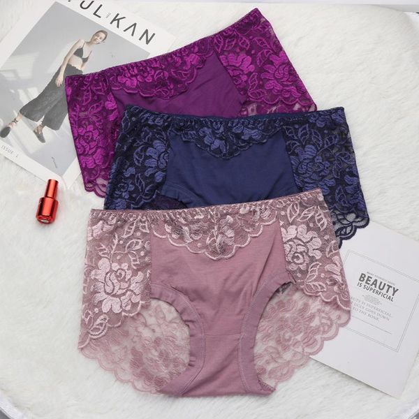 

women's panties cotton underwear lace mid-waist hollow female briefs hip lift underpants for lady plus size lingerie breath, Black;pink