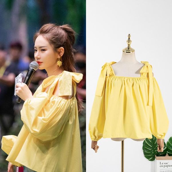

women's blouses & shirts kpop iu seo yea ji same autumn yellow bow-knot strapless sling shirt women streetwear fashion lantern sleeve b, White
