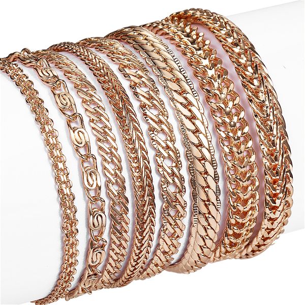 21 Stile 585er Roségold-Armband für Damen, Herren, Mädchen, Schneckenpanzer/Webverbindung, Fuchsschwanz, gehämmerte Bismark-Perlenketten, 20 cm