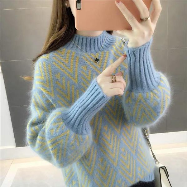 

women's sweaters half high collar pullover womens 2021 autumn winter korean fashion loose lazy wind lantern sleeve all-match knitting s, White;black
