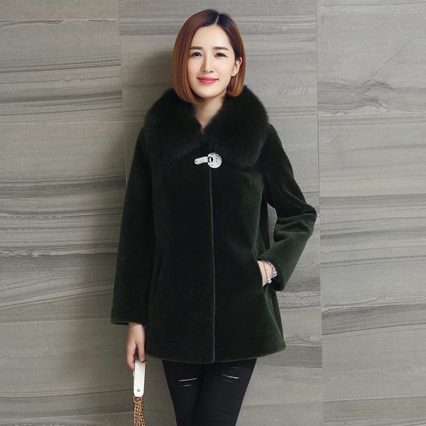 

women's fur & faux 2021 women autumn winter real sheep shearing wool coat female big collar jackets ladies mid-long warm outwear u612, Black