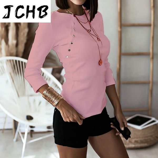 

women's t-shirt women fashion solid t-shirts casual patchwork side metal button decor o-neck long sleeve pullover spring autumn slim la, White