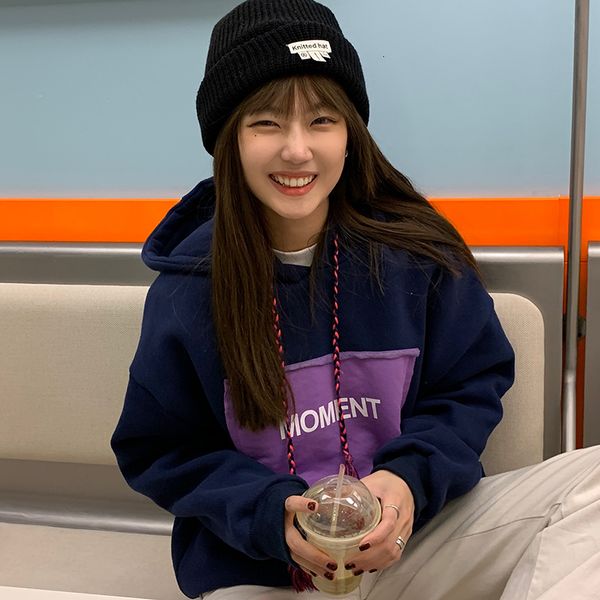 

2021 new autumn winter korean style letter patchwork thicking hoodies womens warm sweatshirts and pullovers (c2917) 7n62, Black