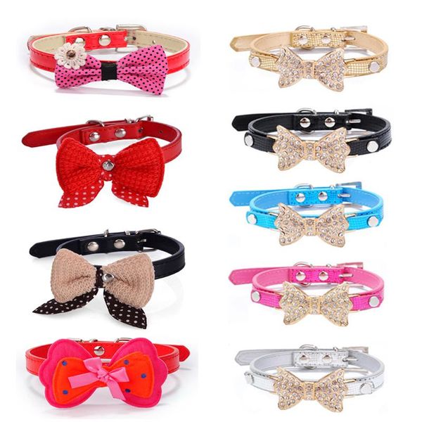 

dog collars & leashes rhinestone bow bowknot pet collar for small medium neck strap adjustable safe puppy pu leather accessories