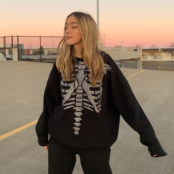 

women's hoodies & sweatshirts fashsiualy dulzura skeleton female sweatshirt 2021 fashion sport casual pullover punk long sleeve round n, Black