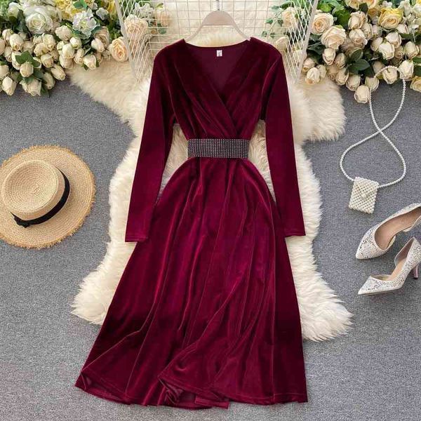 

vintage velvet dres v-neck slim high waist diamond party es ladies elegant fashion long robe 210602, Black;gray