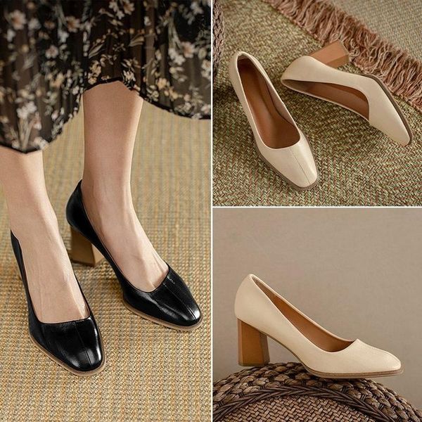

dress shoes 2021 beige high heel genuine leather wedding women square toe chunky heels party zapatos de vestir mujer, Black