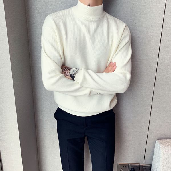 

2021 new medium long-sleeve wool sweater loose male casual woolen jackets solid color turtleneck high homme pullover of knitting ee0e, White;black