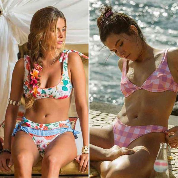 

miyouj deep v neck bikini floral print swimsuit biquinis feminino bow swimwear lace up set bathing suit women bikins 210722, White;black